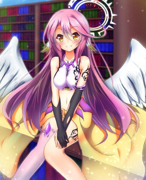 Anime picture 1000x1235 with no game no life madhouse jibril (no game no life) ymd (holudoun) single long hair tall image looking at viewer blush smile brown eyes purple hair tattoo low wings girl gloves navel wings