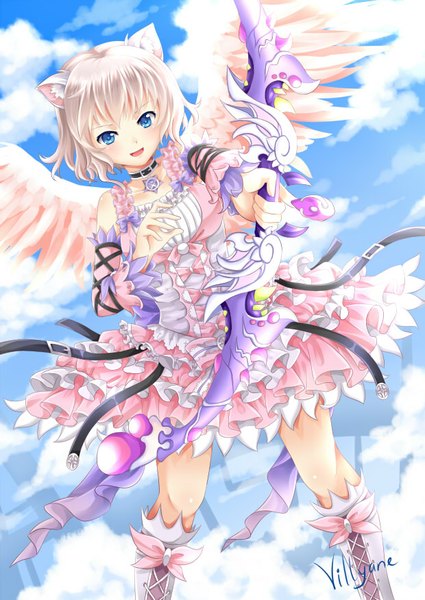 Anime picture 620x876 with aura kingdom villyane single tall image blush short hair open mouth blue eyes smile animal ears sky cloud (clouds) white hair angel wings girl dress detached sleeves wings choker boots