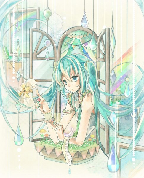 Anime picture 1000x1234 with vocaloid hatsune miku nou single long hair tall image blush blue eyes twintails bare shoulders aqua hair girl flower (flowers) plant (plants) necktie window toy grass
