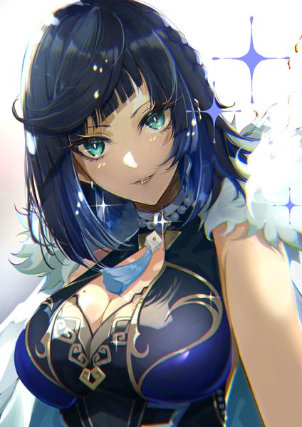 Anime picture 1013x1434 with genshin impact yelan (genshin impact) okura shito single tall image looking at viewer fringe short hair breasts black hair large breasts cleavage upper body aqua eyes mole sparkle mole on breast girl tassel