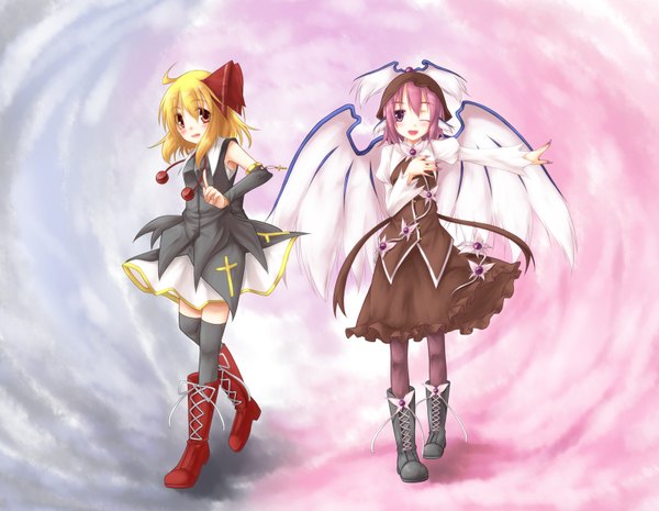 Anime picture 1600x1240 with touhou rumia mystia lorelei sakura yuuya blush short hair blonde hair red eyes multiple girls purple hair ahoge one eye closed wink girl dress 2 girls detached sleeves wings