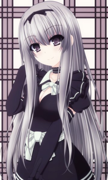 Anime picture 1500x2500 with original toyokawa itsuki (p mayuhime) single long hair tall image looking at viewer blush fringe breasts smile grey hair black eyes girl dress gloves elbow gloves black dress