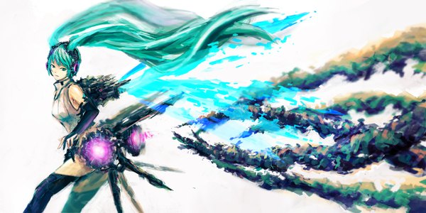Anime picture 1500x750 with vocaloid vocaloid append hatsune miku (append) seafh (artist) single fringe simple background wide image white background twintails profile looking back aqua eyes aqua hair glowing glowing eye (eyes) girl thighhighs hat detached sleeves