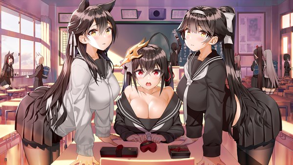 Anime picture 1244x700 with azur lane tagme (character) atago (azur lane) taihou (azur lane) takao (azur lane) ayanami (azur lane) akagi (azur lane) kaga (azur lane) shoukaku (azur lane) zuikaku (azur lane) atago (school daydream) (azur lane) mikasa (azur lane) takao (academy romantica) (azur lane) akusema long hair looking at viewer blush fringe short hair breasts