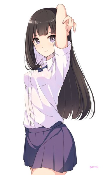 Anime picture 680x1133 with original rin yuu single long hair tall image looking at viewer blush breasts simple background smile brown hair standing white background purple eyes signed payot blunt bangs arms up short sleeves dated