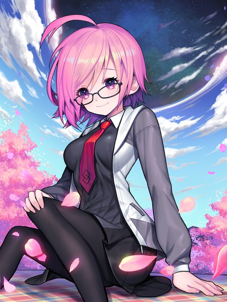 Anime picture 1000x1333 with fate (series) fate/grand order mash kyrielight kyundoo single tall image blush fringe short hair smile hair between eyes sitting purple eyes looking away pink hair sky cloud (clouds) ahoge outdoors night