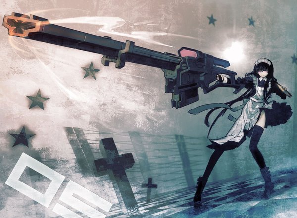 Anime picture 1680x1240 with black rock shooter maid gunner huke long hair highres black hair looking away absurdres pink eyes maid girl thighhighs weapon black thighhighs headdress gun maid headdress cross