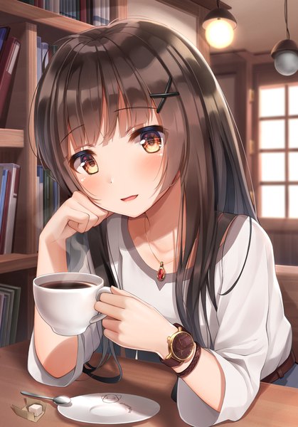 Anime picture 900x1288 with original superpig (wlstjqdla) single long hair tall image looking at viewer blush fringe open mouth smile hair between eyes brown hair sitting holding brown eyes upper body indoors depth of field chin rest girl