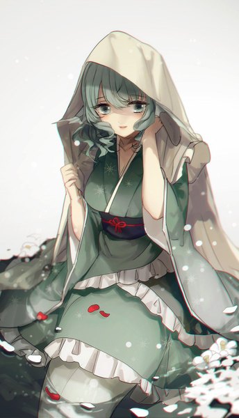 Anime picture 1024x1785 with touhou wakasagihime no-kan single tall image fringe short hair simple background hair between eyes sitting traditional clothes japanese clothes aqua eyes light smile from above aqua hair grey background partially submerged snowing winter