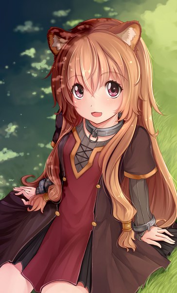 Anime picture 1242x2048 with tate no yuusha no nariagari kinema citrus raphtalia rhineheim single long hair tall image looking at viewer blush fringe open mouth smile hair between eyes brown hair sitting purple eyes animal ears outdoors tail :d