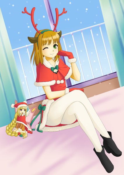 Anime picture 1584x2238 with marl kingdom nippon ichi cornet kururu (marl kingdom) tagme (artist) single long hair tall image looking at viewer fringe blonde hair smile sitting green eyes animal ears bent knee (knees) indoors one eye closed horn (horns) wink