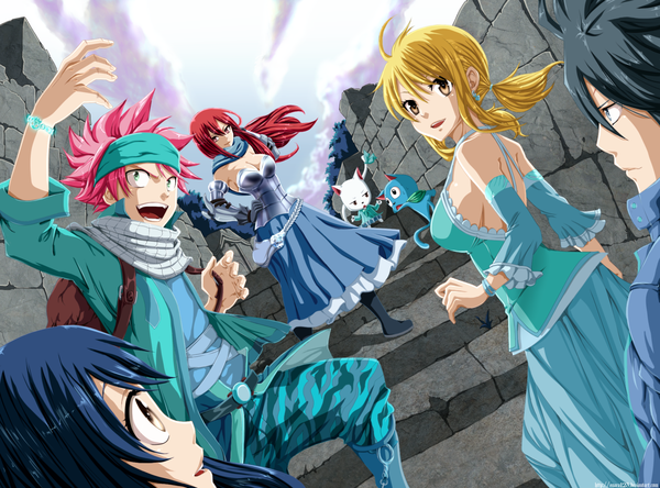 Anime picture 1894x1402 with fairy tail lucy heartfilia erza scarlet natsu dragneel gray fullbuster wendy marvell happy (fairy tail) charle (fairy tail) enara123 long hair highres short hair open mouth blue eyes black hair blonde hair smile red eyes twintails multiple girls