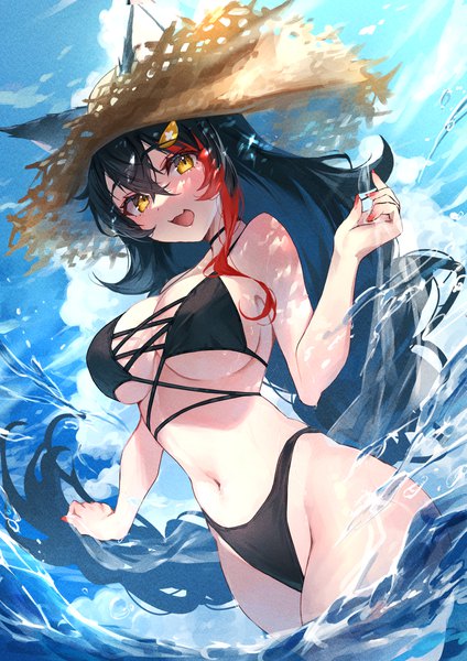 Anime picture 1000x1414 with virtual youtuber hololive ookami mio misekiss single long hair tall image fringe breasts open mouth light erotic black hair hair between eyes large breasts animal ears yellow eyes sky cloud (clouds) :d multicolored hair
