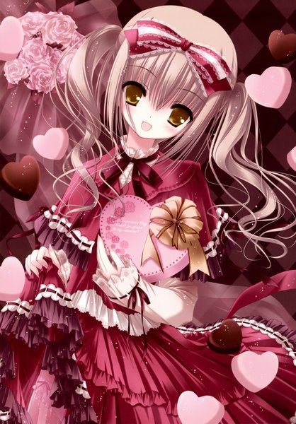 Anime picture 1524x2189 with tinker bell tall image open mouth blonde hair twintails yellow eyes loli dress flower (flowers) bow hair bow heart rose (roses) bouquet pink rose