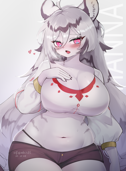 Anime picture 2500x3400 with original mbct01 single long hair tall image looking at viewer blush fringe highres breasts open mouth light erotic simple background hair between eyes signed animal ears white hair long sleeves pink eyes :o