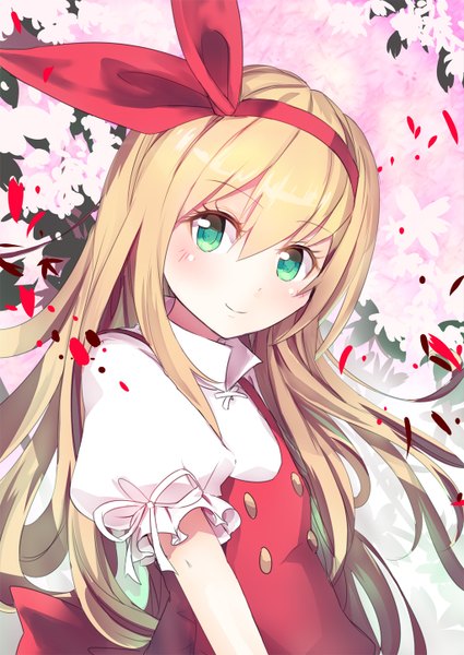 Anime picture 1024x1446 with touhou ellen culter single long hair tall image looking at viewer blush fringe blonde hair smile green eyes puffy sleeves girl bow hair bow