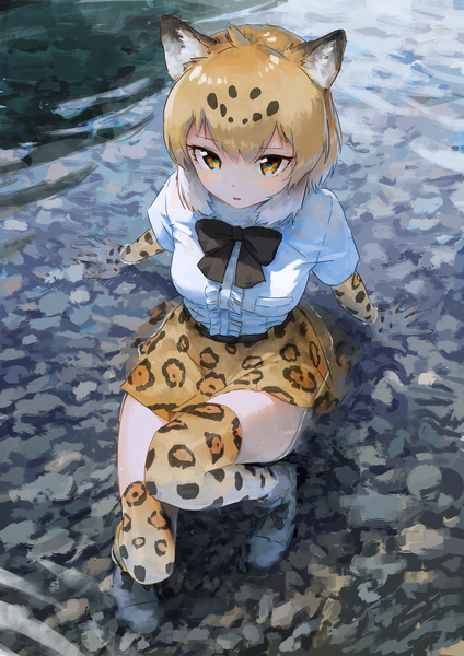 Anime picture 1280x1810 with kemono friends jaguar (kemono friends) treeware single tall image looking at viewer fringe short hair blonde hair hair between eyes animal ears yellow eyes full body bent knee (knees) from above arm support zettai ryouiki girl thighhighs shirt