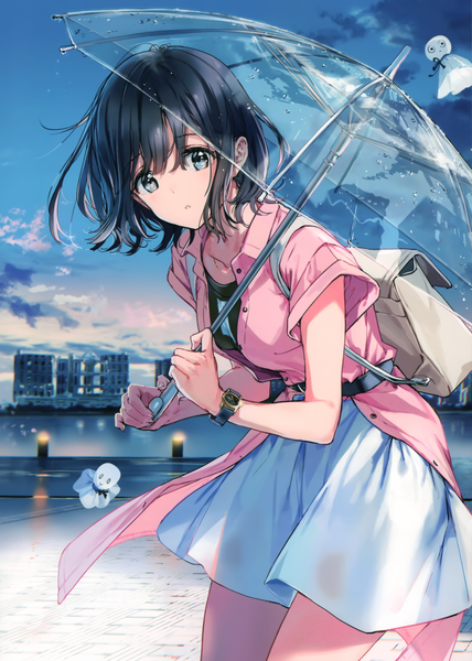 Anime picture 2439x3421 with original tiv single tall image looking at viewer blush fringe highres short hair blue eyes black hair hair between eyes standing holding sky cloud (clouds) outdoors scan short sleeves leaning