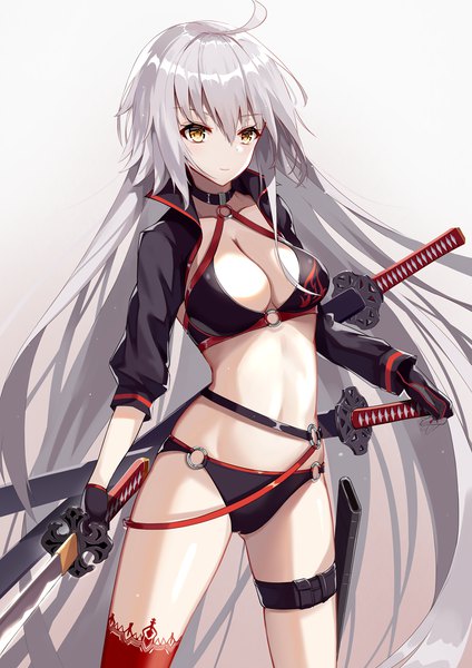 Anime picture 900x1272 with fate (series) fate/grand order jeanne d'arc (fate) (all) jeanne d'arc alter (fate) jeanne d'arc alter (swimsuit berserker) (fate) augu (523764197) single tall image blush fringe breasts light erotic simple background hair between eyes standing holding yellow eyes looking away cleavage silver hair