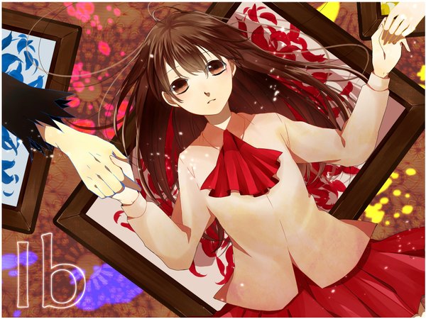 Anime picture 1920x1440 with ib (game) ib (ib) long hair highres brown hair brown eyes lying inscription holding hands framed girl skirt flower (flowers) shirt picture