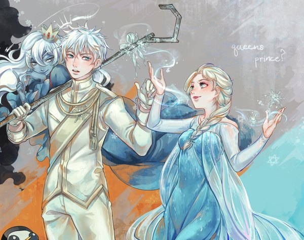 Anime picture 1600x1266 with frozen (disney) adventure time rise of the guardians disney dreamworks elsa (frozen) jack frost (rise of the guardians) gunter ice queen (adventure time) allenkung1 long hair short hair blue eyes smile standing multiple girls looking away white hair braid (braids) very long hair