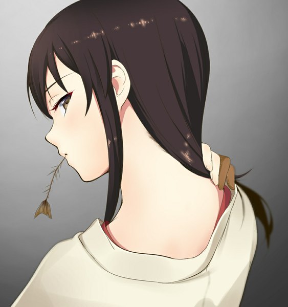 Anime picture 938x1000 with kantai collection kaga aircraft carrier single long hair tall image looking at viewer black hair simple background holding traditional clothes japanese clothes looking back black eyes grey background mouth hold turning head girl kimono