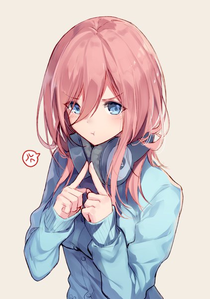 Anime picture 900x1280 with go-toubun no hanayome nakano miku bison cangshu single long hair tall image looking at viewer blush fringe blue eyes simple background hair between eyes standing payot pink hair upper body sleeves past wrists headphones around neck fingers together :t