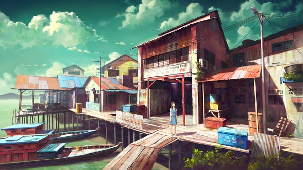 Anime picture 2499x1406 with original feigiap chong feigiap single long hair highres brown hair wide image sky cloud (clouds) landscape scenic girl uniform school uniform building (buildings) house watercraft boat