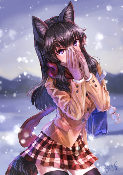 Anime picture 2473x3497 with ukagaka kanaya azami shinai yinlang single long hair tall image looking at viewer blush fringe highres black hair hair between eyes standing purple eyes signed animal ears outdoors tail animal tail zettai ryouiki