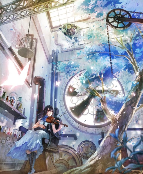 Anime picture 1579x1916 with original kirinosuke long hair tall image black hair sitting brown eyes girl dress plant (plants) tree (trees) boots insect butterfly chain armchair gears cage violin