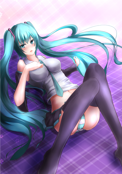 Anime picture 1764x2508 with vocaloid hatsune miku musohu in single long hair tall image blush highres open mouth light erotic twintails bare shoulders aqua eyes aqua hair girl thighhighs underwear panties black thighhighs