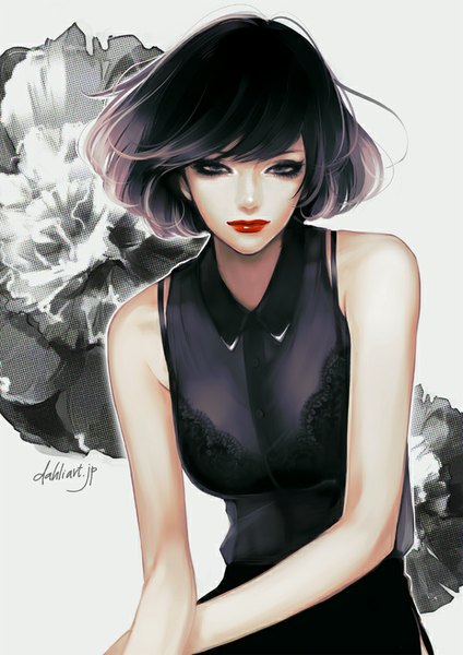 Anime picture 600x848 with original takenaka single tall image looking at viewer fringe short hair black hair bare shoulders signed lips black eyes lipstick red lipstick fashion girl lingerie bra transparent clothing