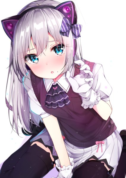 Anime-Bild 2508x3541 mit original axent wear headphones rouka (akatyann) single long hair tall image looking at viewer blush fringe highres blue eyes simple background hair between eyes white background sitting animal ears silver hair parted lips pleated skirt mole