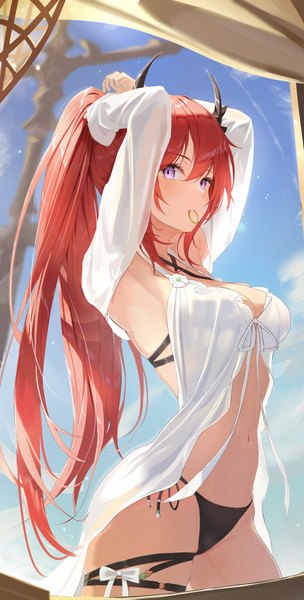 Anime picture 2281x4500 with arknights surtr (arknights) surtr (colorful wonderland) (arknights) three twosix single long hair tall image looking at viewer fringe highres breasts light erotic hair between eyes purple eyes holding sky cleavage outdoors ponytail red hair