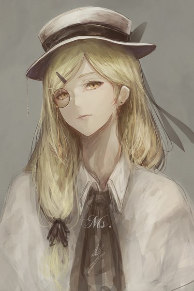 Anime picture 1147x1715 with original marumoru single long hair tall image simple background blonde hair yellow eyes looking away upper body grey background expressionless girl hat earrings hairclip stud earrings monocle