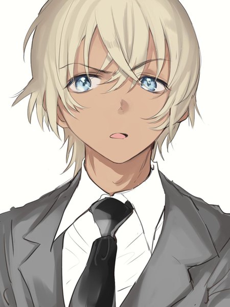 Anime picture 1050x1400 with detective conan amuro tooru rosette (roze-ko) single tall image fringe short hair open mouth blue eyes simple background blonde hair hair between eyes white background dark skin boy necktie