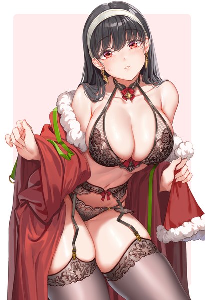 Anime picture 2480x3625 with spy x family yor briar fangxiang cuoluan single long hair tall image looking at viewer blush fringe highres breasts light erotic black hair simple background red eyes large breasts standing blunt bangs parted lips head tilt