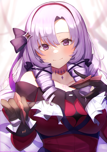 Anime picture 1000x1414 with virtual youtuber nijisanji hyakumantenbara salome hyakumantenbara salome (1st costume) menmen (ijnwfpaihpufxox) single long hair tall image looking at viewer fringe smile hair between eyes purple eyes purple hair upper body drill hair girl gloves