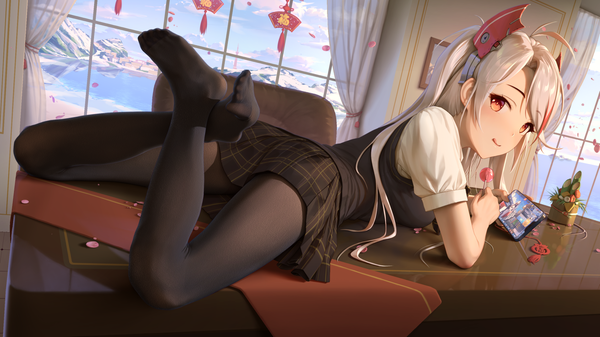 Anime picture 1690x950 with azur lane prinz eugen (azur lane) tokinohimitsu single long hair looking at viewer blush fringe smile red eyes wide image holding silver hair full body ahoge indoors lying looking back multicolored hair short sleeves