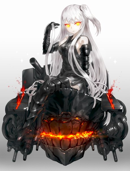 Anime picture 898x1174 with kantai collection aircraft carrier hime kfr single long hair tall image looking at viewer sitting yellow eyes white hair one side up shinkaisei-kan girl gloves weapon elbow gloves armor thigh boots