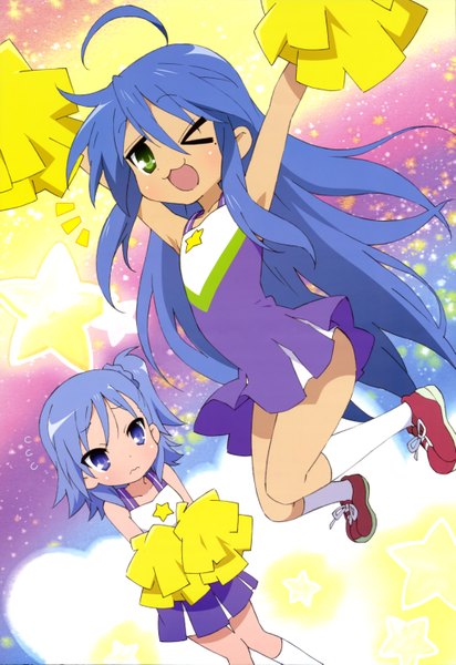 Anime picture 4091x5953 with lucky star kyoto animation nyantype izumi konata miyakawa hinata long hair tall image blush highres short hair open mouth purple eyes multiple girls green eyes blue hair absurdres ahoge one eye closed wink official art