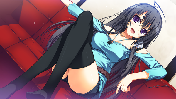 Anime picture 2560x1440 with reminiscence mizuno rin tomose shunsaku long hair blush highres open mouth blonde hair wide image purple eyes game cg crossed legs girl thighhighs black thighhighs shorts couch