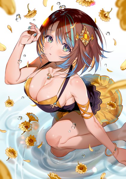 Anime picture 1018x1440 with original midori foo single tall image looking at viewer blush fringe short hair breasts light erotic hair between eyes brown hair large breasts signed cleavage bent knee (knees) nail polish parted lips multicolored hair arm up