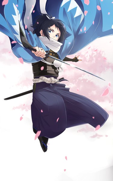 Anime picture 1000x1600 with touken ranbu nitroplus yamato no kami yasusada otton single tall image short hair blue eyes black hair full body ponytail traditional clothes japanese clothes outstretched arm covered mouth jumping shinsengumi boy weapon petals