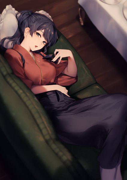 Anime picture 1400x1980 with kantai collection houshou light aircraft carrier kyouya (mukuro238) single long hair tall image looking at viewer fringe breasts open mouth black hair hair between eyes bent knee (knees) ponytail indoors lying traditional clothes head tilt japanese clothes arm up