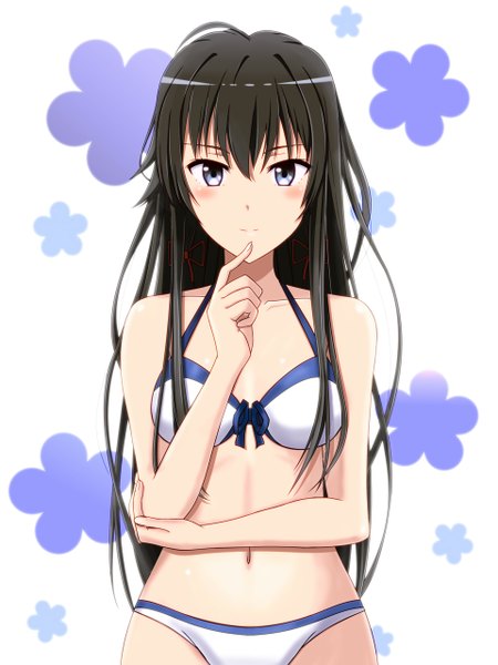 Anime picture 960x1280 with yahari ore no seishun love comedy wa machigatteiru. brains base (studio) yukinoshita yukino egichan single long hair tall image blush breasts blue eyes light erotic black hair girl navel swimsuit bikini flower (symbol)