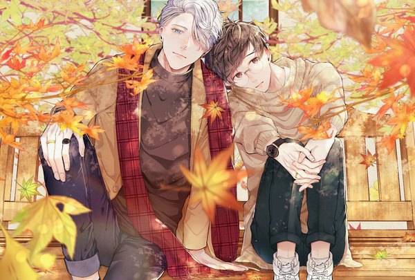 Anime picture 1334x901 with yuri!!! on ice mappa viktor nikiforov katsuki yuuri isiki io looking at viewer fringe short hair blue eyes brown hair sitting brown eyes silver hair outdoors parted lips head tilt blurry hair over one eye arm support multiple boys