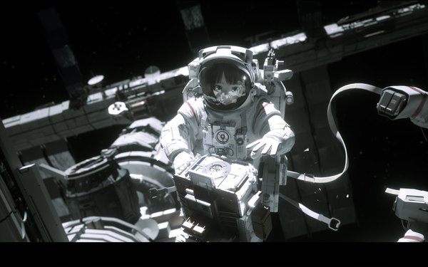 Anime picture 3000x1875 with original novelance single fringe highres black hair aqua eyes blurry depth of field looking down reflection letterboxed space weightlessness girl star (stars) spacecraft spacesuit