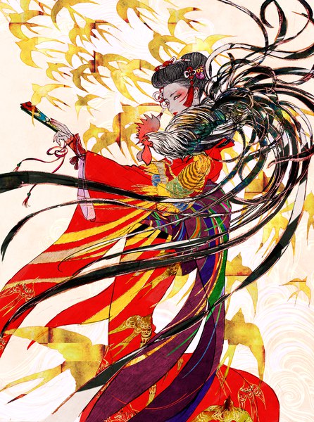 Anime picture 952x1281 with original micho (golduhr) single tall image looking at viewer standing traditional clothes japanese clothes lips wide sleeves lipstick eyeshadow red lipstick makeup animal on shoulder bird on shoulder girl hair ornament animal kimono