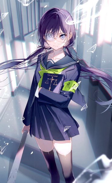 Anime picture 1849x3002 with original miwano rag single long hair tall image looking at viewer fringe highres hair between eyes standing purple eyes twintails holding purple hair indoors pleated skirt wind scan low twintails broken glass